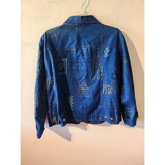 Chico's Design Royal Blue Sequin Button Up Jean Jacket Size 3 Large Aztec Geo - Picture 4 of 4